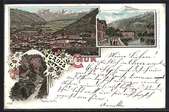 Cartes postales: Litho Chur, Plessurquai, Totalansicht mi – D'occasion à Berlin par bartko-reher