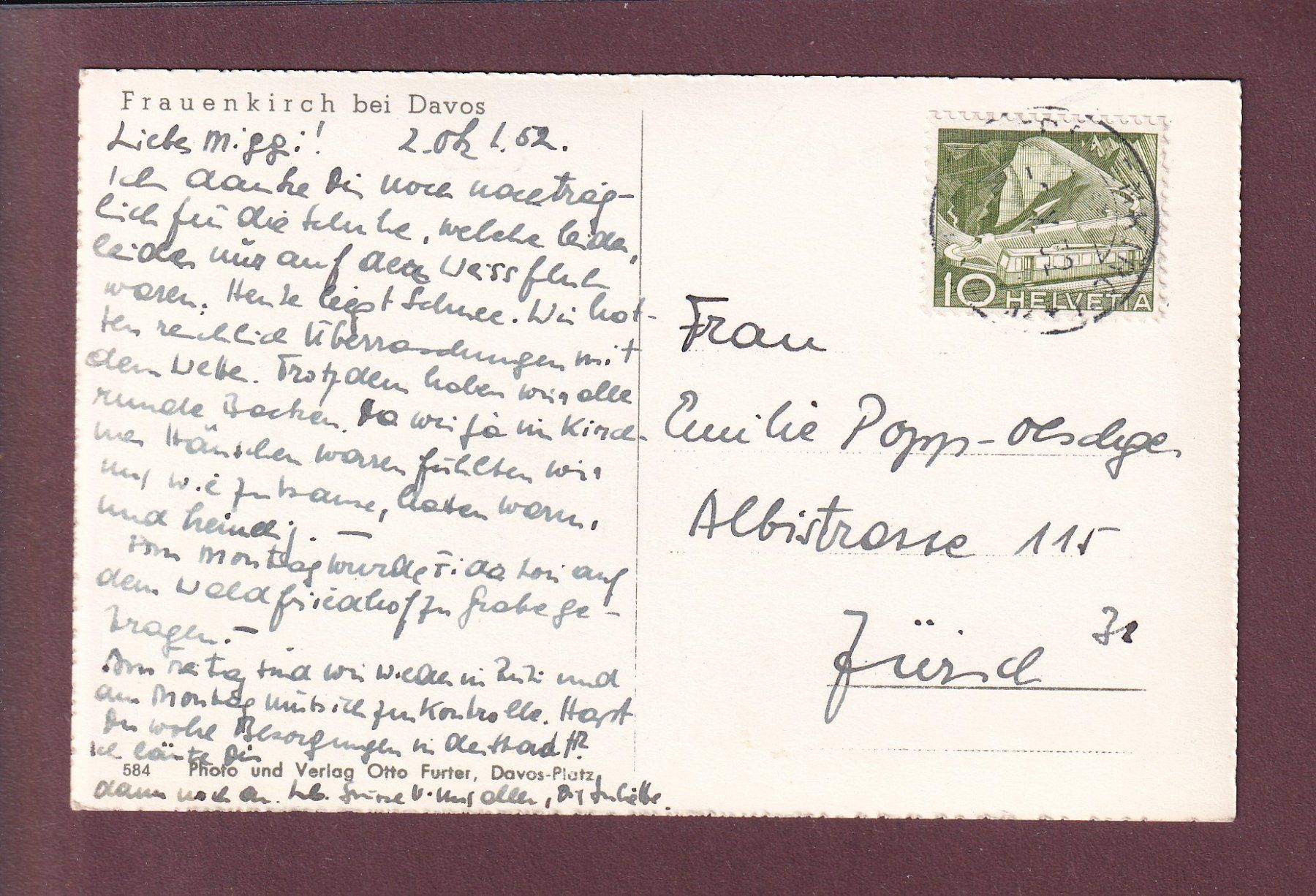 Cartoline postali: FRAUENKIRCH Bei Davos - 1952 – Usato da Pully venduto da nicecards 1