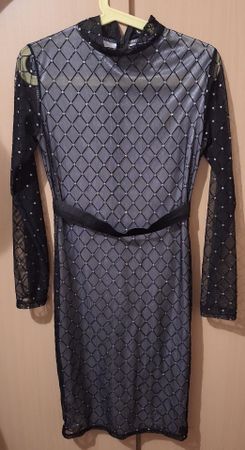 Damen Kleid schwarz-grau mit Steinen langarm neuwertig