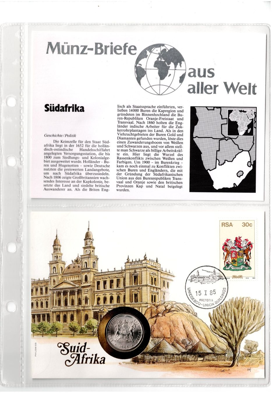 Alle Münzen: Südafrika_1985_Münzbrief mit Beschreibung – Gebraucht aus Hombrechtikon von Fraese01