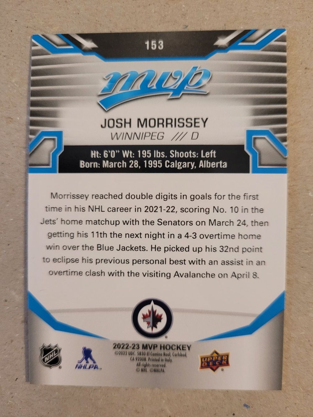 NHL Carte collezionabili: Josh Morrissey  - UD 22/23 - MVP – Nuovo (secondo la descrizione) da Bauma venduto da Yotanke 2