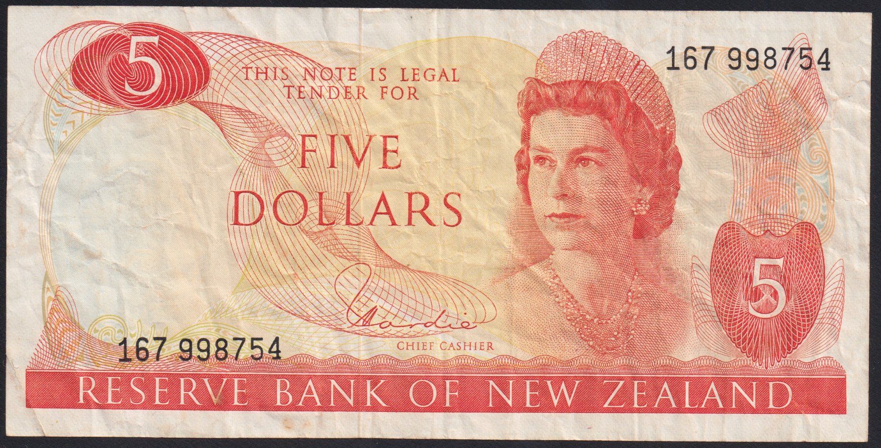 Banconote: Neuseeland 5 Dollars 1967 – Usato da Brugg AG venduto da banknoten_muesli