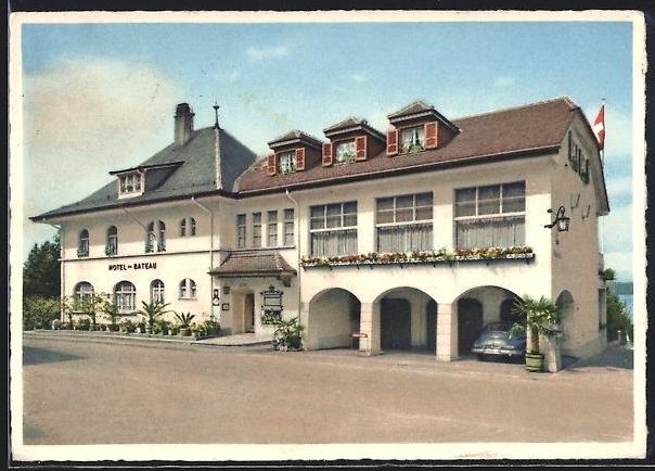 Cartoline postali: AK Murten-Morat, Hotel de Bateau, 1957 – Usato da Berlin venduto da bartko-reher