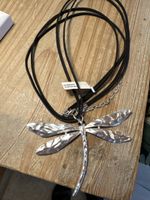 Silberne Libellenkette, Lederband, Vintage Look
