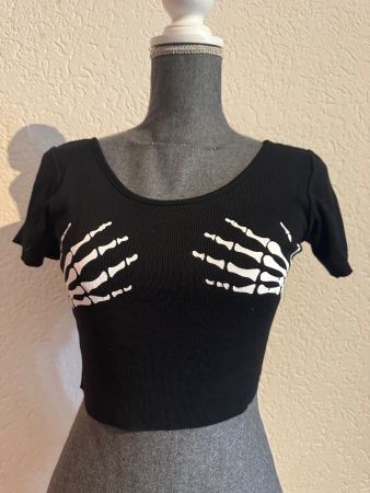 Damen Skelett Hände Top Crop T-Shirt Schwarz Weiss Gr S