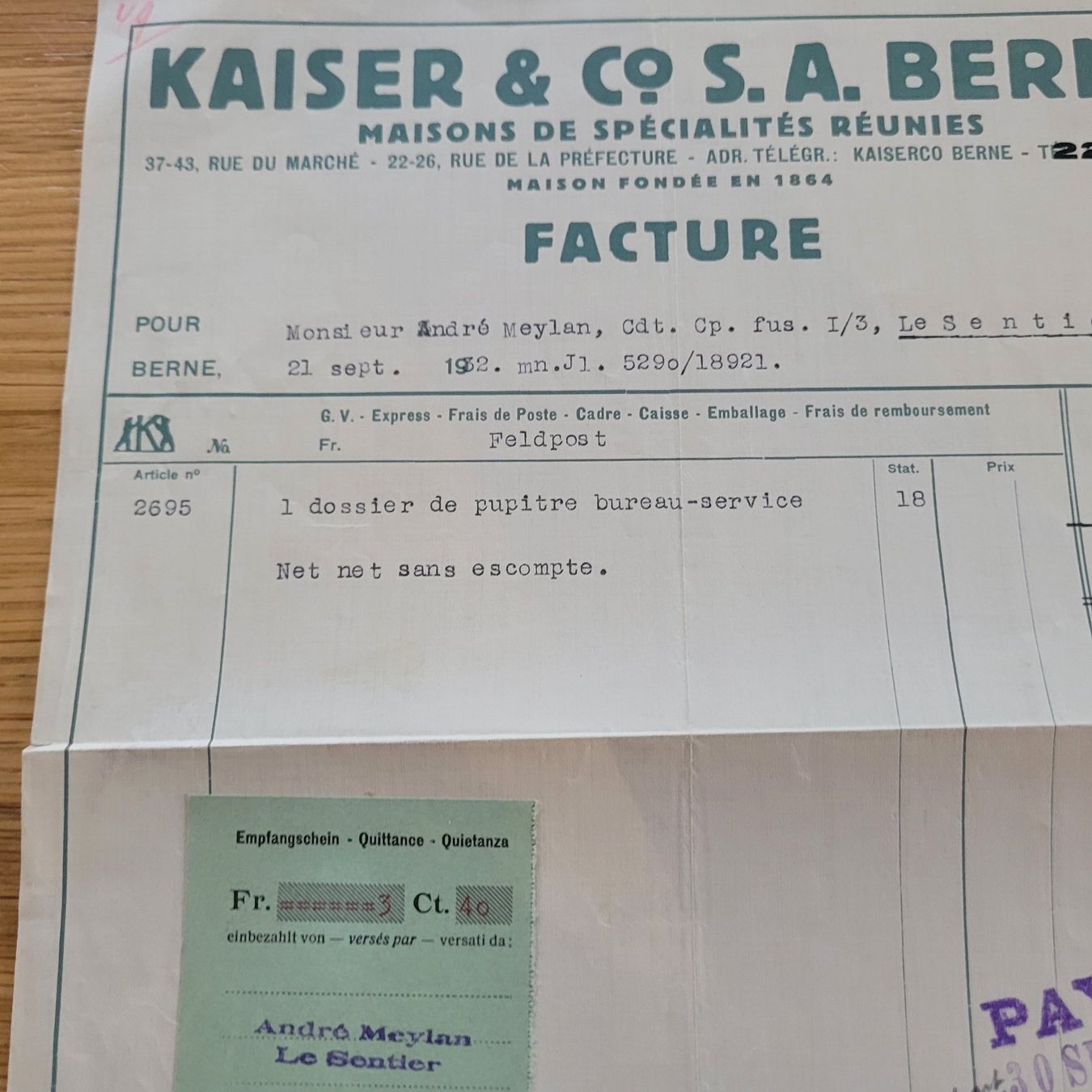 Documenti: Facture Kaiser & Co S.A Bern 1932 – Usato da Biel/Bienne venduto da Destockweb 1