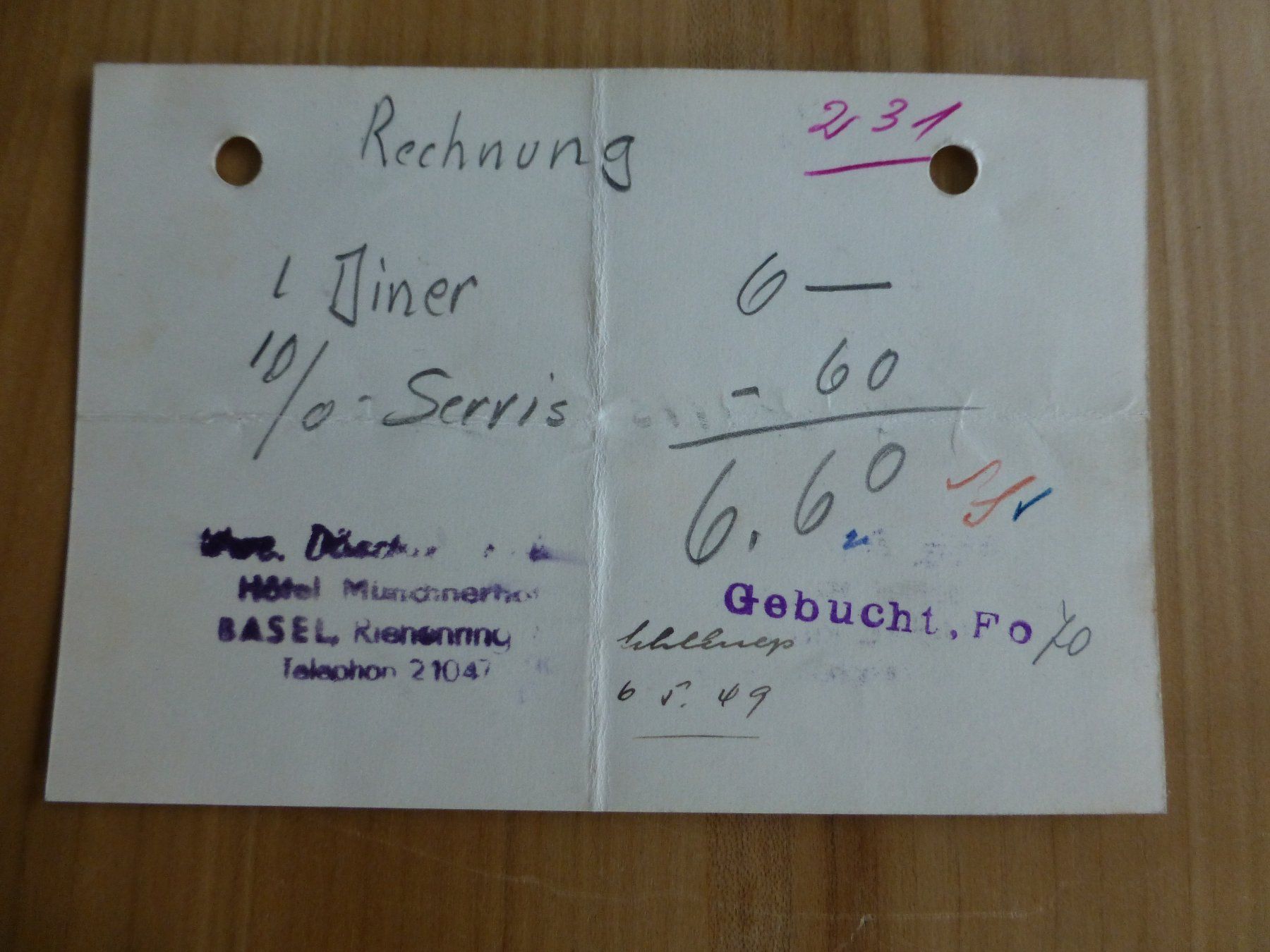 Foto & Immagini: Basel, Hotel Münchnerhof, Wwe. Däschle Rechnung 1949 – Usato da Bettlach venduto da 1saurer 1