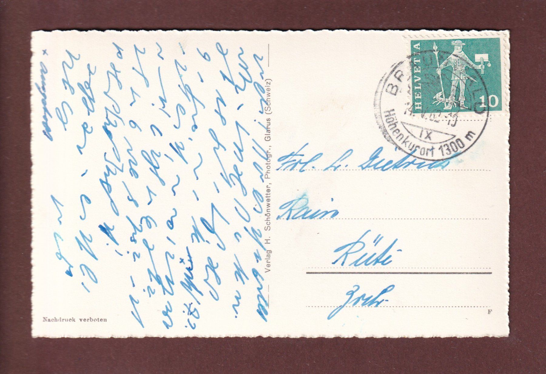 Cartoline postali: BRAUNWALD - Kirchli mit Ortstock - 1962 – Usato da Pully venduto da nicecards 1