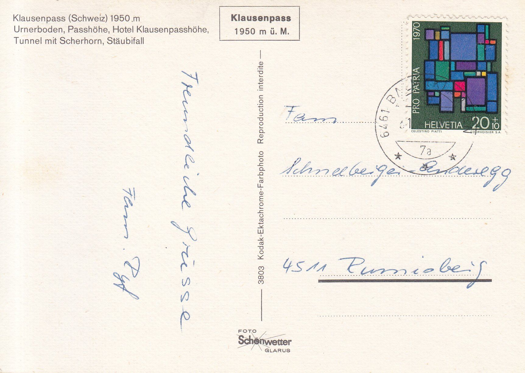 Cartoline postali: Klausenpass 1970 – Usato da Bürglen TG venduto da StampGraf 1