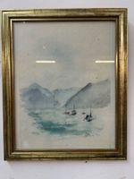 Aquarell Seelandschaft mit Booten und Bergkulisse signiert
