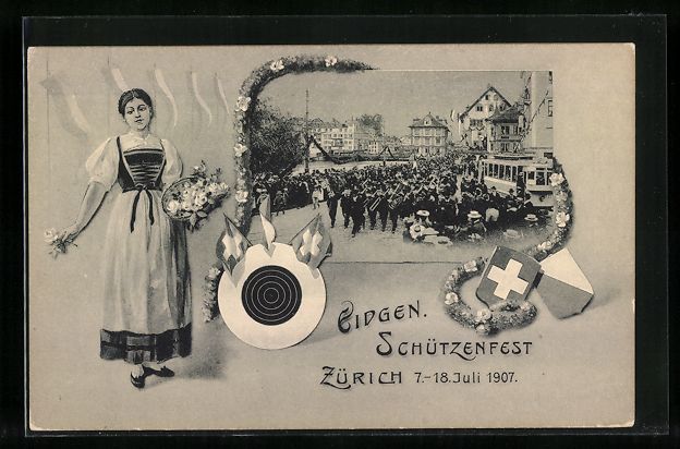 Ansichtskarten: Zürich, Eidg. Schützenfest 1907, Marsc – Gebraucht aus Berlin von bartko-reher