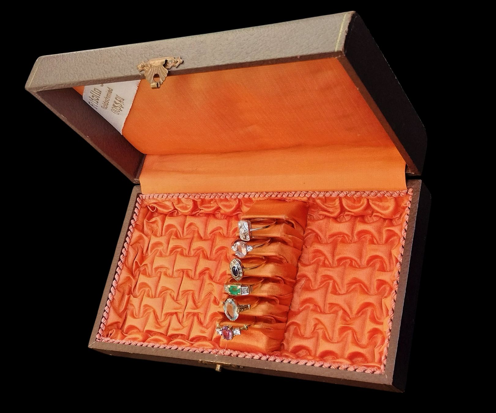 Portagioie: Antike Ringbox Schmuckbox Koffer Braun mit Seide Orange – Usato da schwyz venduto da larry91sz 2