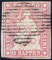 1855: 15 Rp. Strubel lebhaftrötlichkarmin, 1. Berner Druck