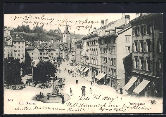 Cartoline postali: AK St. Gallen, Marktgasse mit Brunnen – Usato da Berlin venduto da bartko-reher