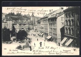 AK St. Gallen, Marktgasse mit Brunnen