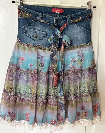 Boho Chic Denim and Chiffon Skirt, Size 40 - Spring Ready!