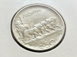 Italien 50 Centesimi 1921 R Riffelrand AEQVITAS quadriga Ni