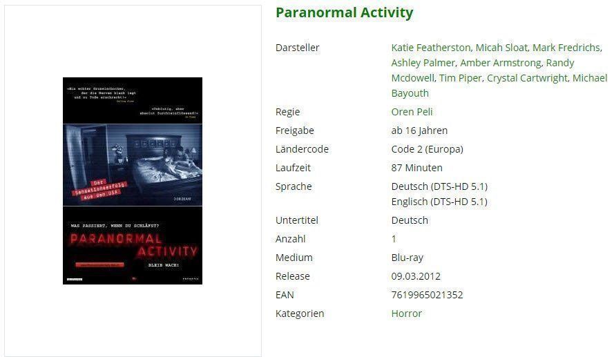 Tous les DVDs: Paranormal Activity (Bluray) – D'occasion à Buchrain par Sssschaller