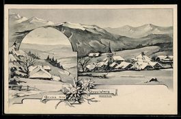 Lithographie Guggisberg, Ortsansicht mit Kirche in Winterlan
