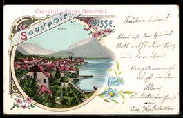 Lithographie Brienz, Ortspartie mit See, Reklame für Chocola