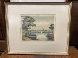 Gravure ancienne bord de lac, artiste Org.Rad. printemps 🖼️
