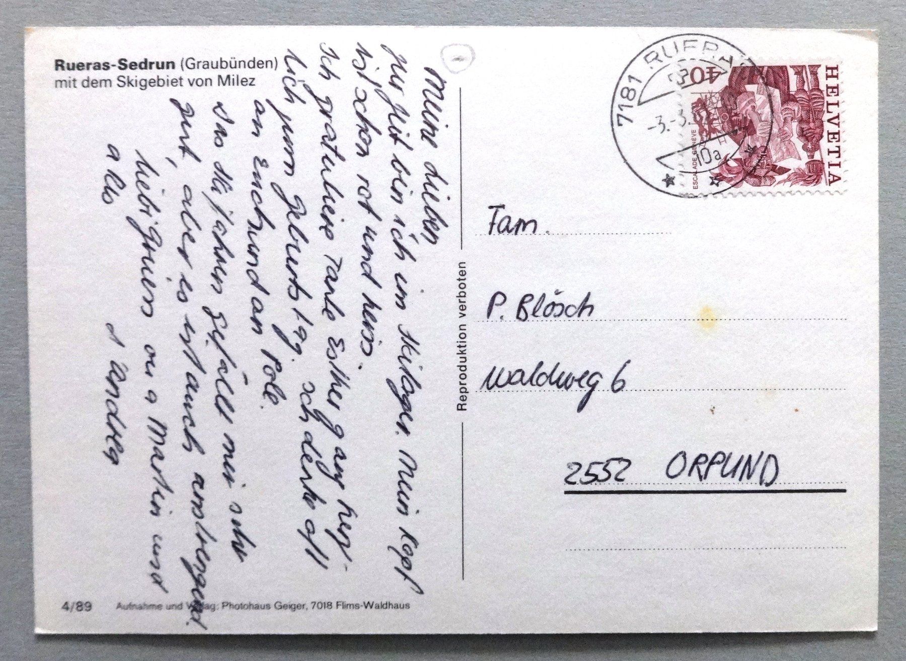 Cartoline postali: Rueras - Sedrun – Difettoso da Fétigny venduto da Billy2miny 1