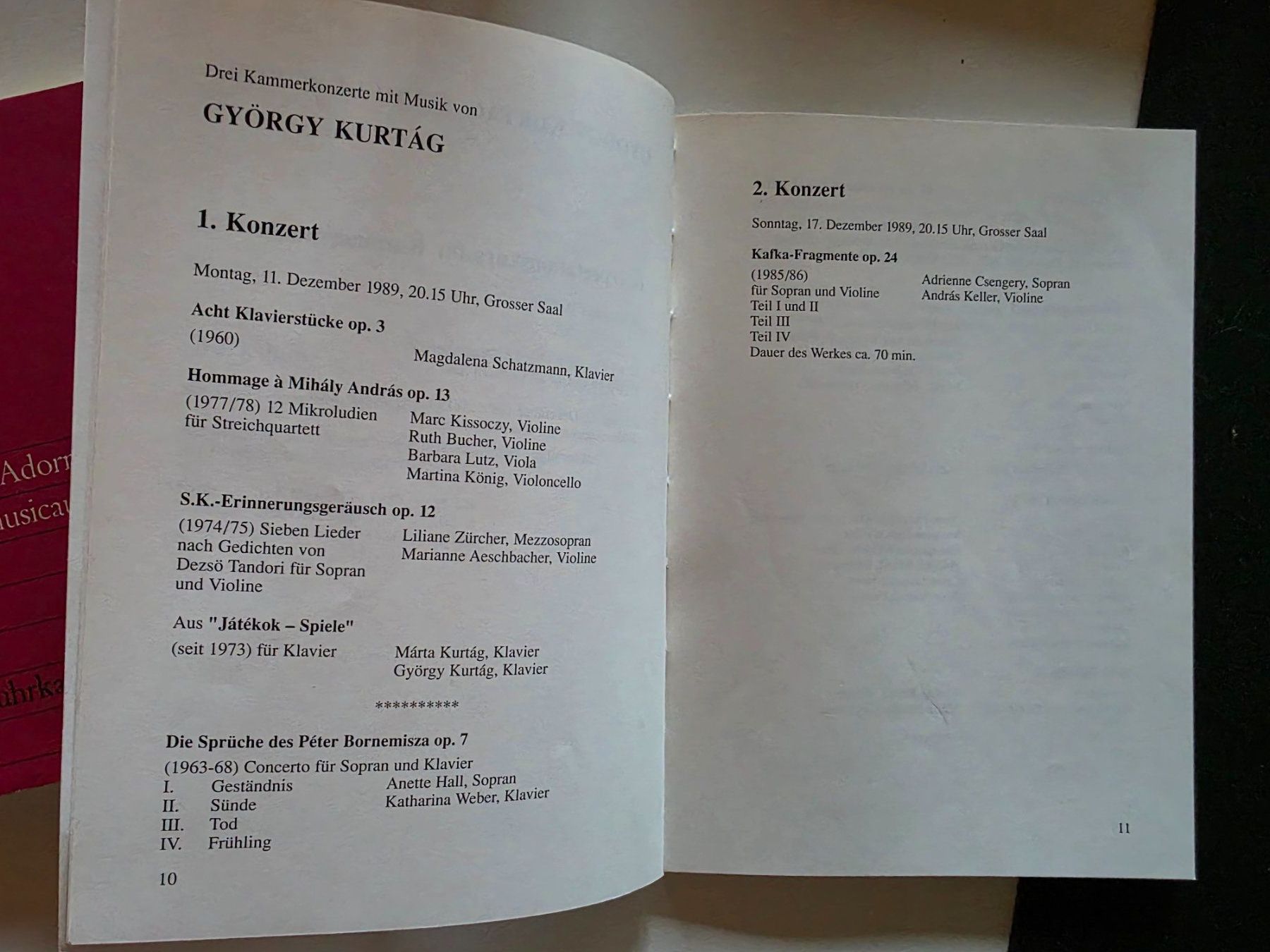 Libri: György Kurtag - Konservatorium Bern 1989 Programm Heft – Usato da Walterswil BE venduto da Lonitti 7