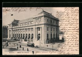 AK Geneve, Hotel des Postes, Pferdebahn