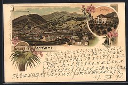 Litho Wattwyl, Schulhaus, Ortsansicht au