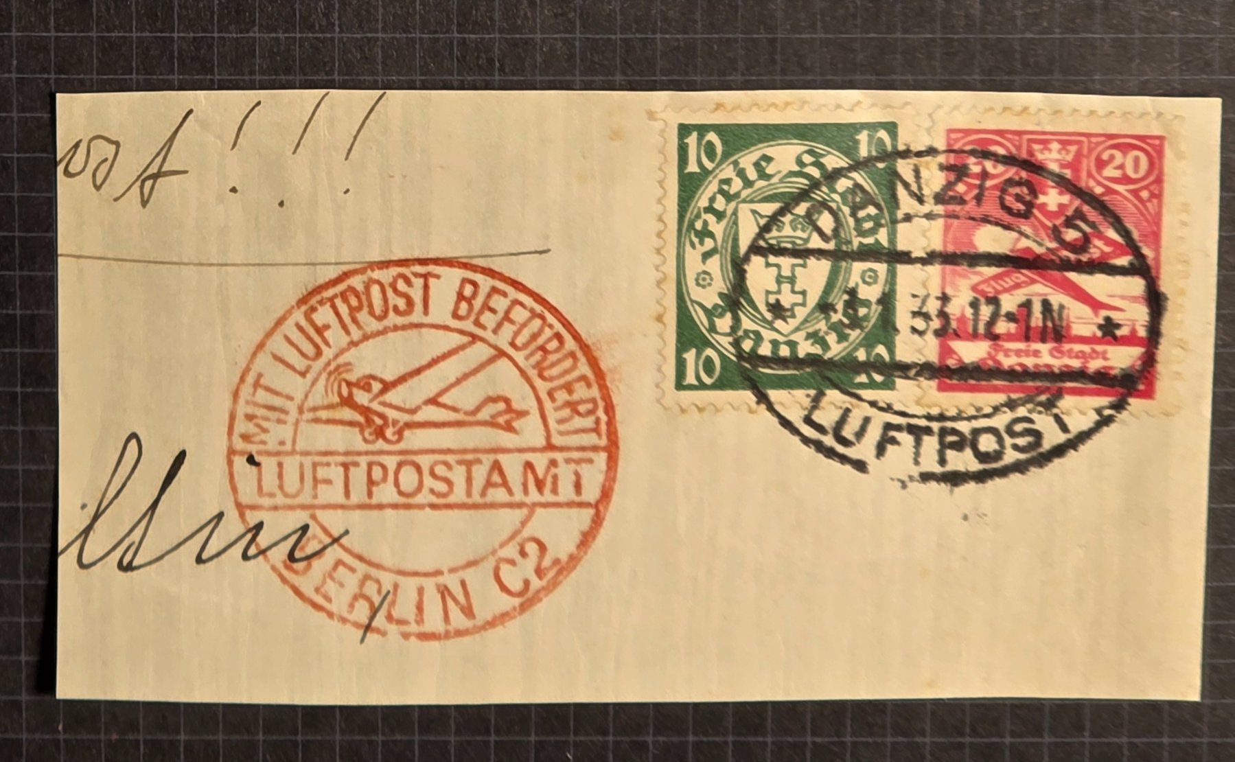 Tutti i francobolli: Danzig 1933 LuftpostBriefstück Danzig-Berlin C2 Stempel 1933 – Usato da Thalwil venduto da RicardoThalwil