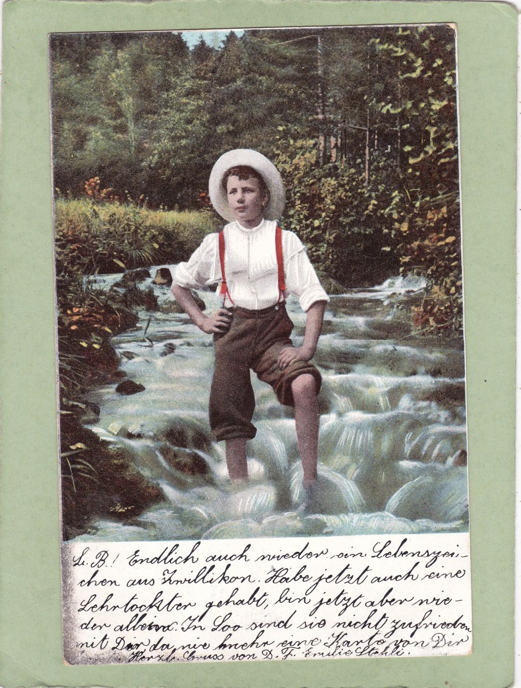 Cartes postales: Kitsch Landschaft Knabe im Bach 1905 – D'occasion à Herisau par Lisegrat2008