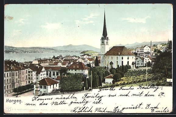 Ansichtskarten: AK Horgen, Ortsansicht mit Kirche, 1902 – Gebraucht aus Berlin von bartko-reher