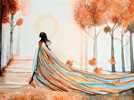 Original Aquarell' der Wind bläst die Blätter davon. Herbst