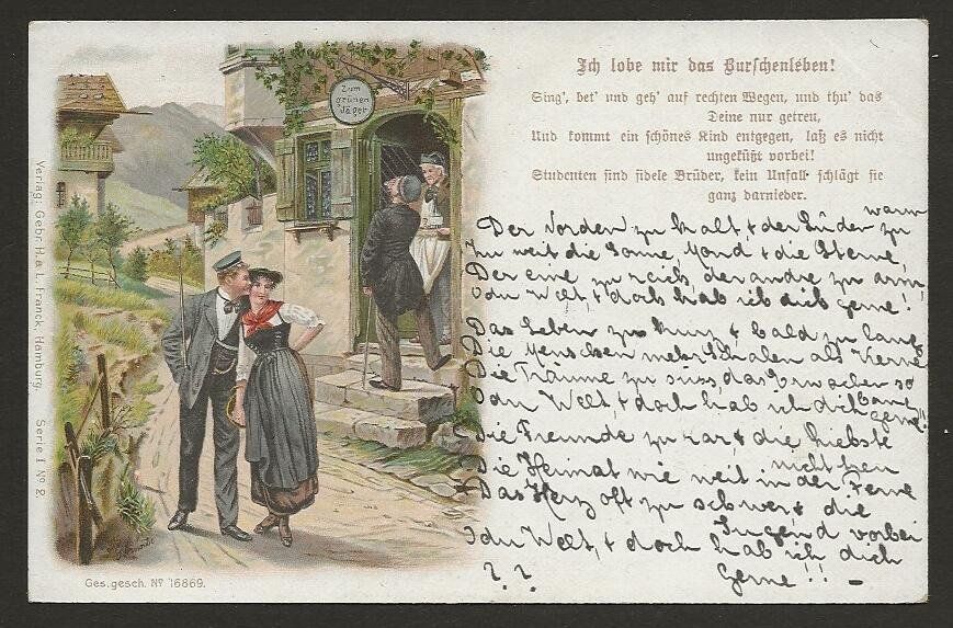 Tutti i francobolli: 1899  5 Rp. Postkarte Bild Burschenleben – Usato da Arlesheim venduto da kuhnphila 1
