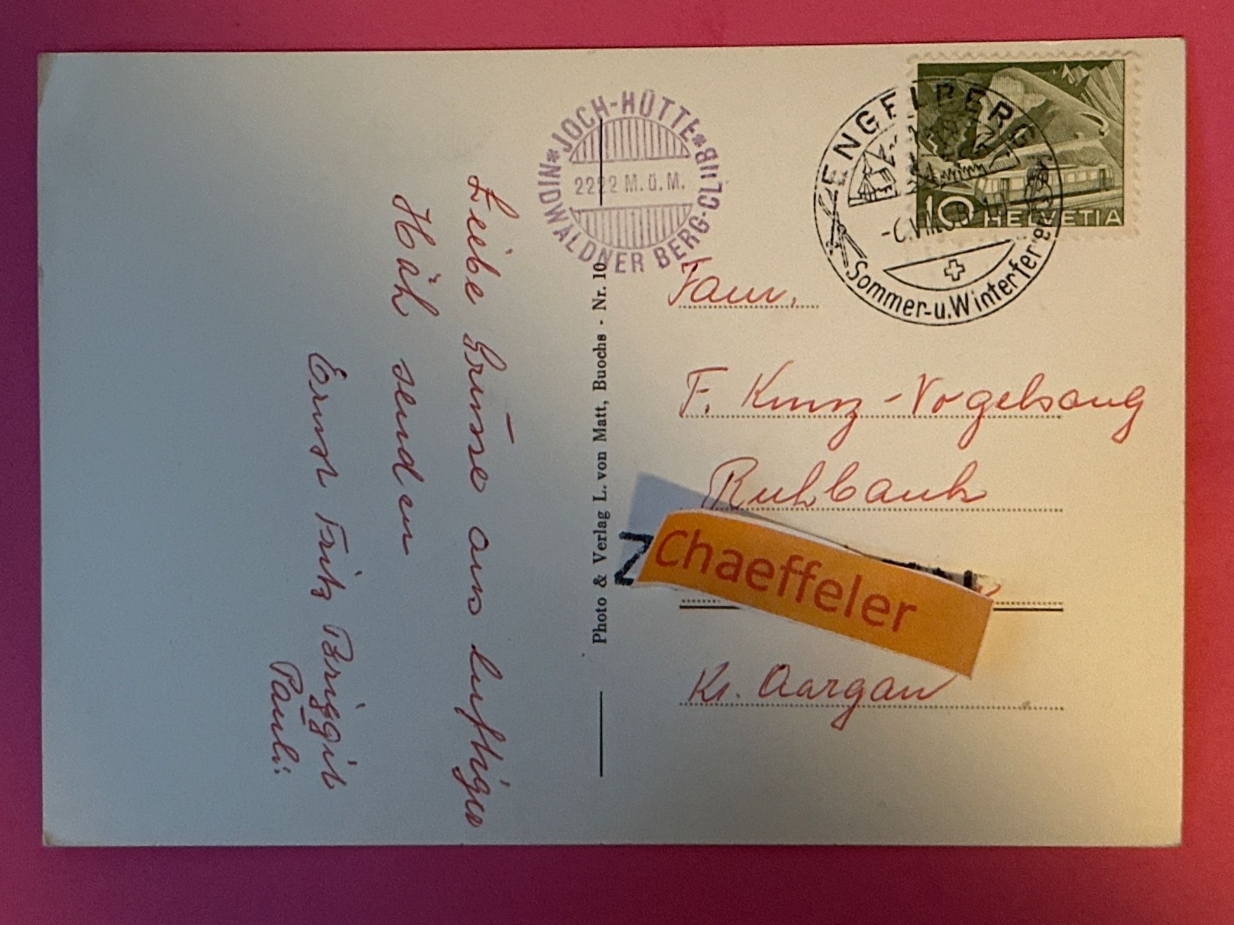 Cartes postales: 1958 Jochhütte – D'occasion à Zürich par Chaeffeler 1