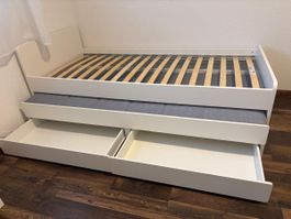 Kinderbett mit Ausziehbett und Schubladen weiss