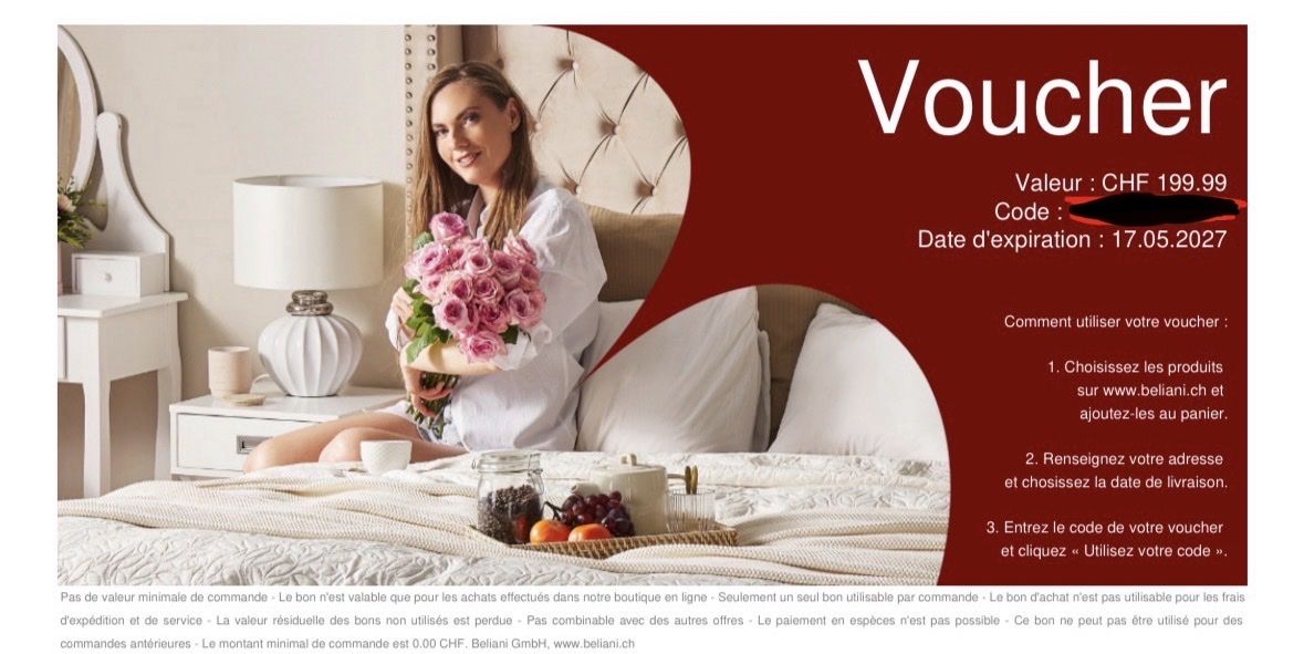 Buoni: Bon Beliani valeur 199.99 CHF – Nuovo e nell'imballaggio originale da Morges venduto da melz_28