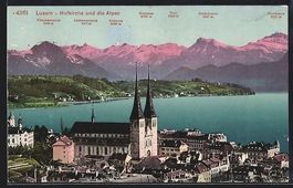 AK Luzern, Hofkirche und die Alpen, 1910