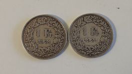 2x 1 Franken 1921, Silbermünze Schweiz, (WA)
