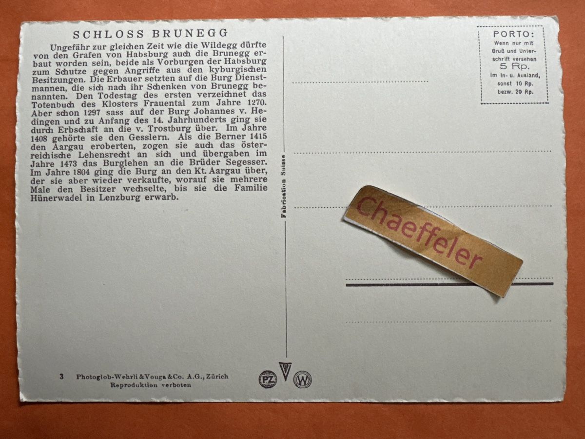 Cartoline postali: Schloss Brunegg Aargau – Usato da Zürich venduto da Chaeffeler 1