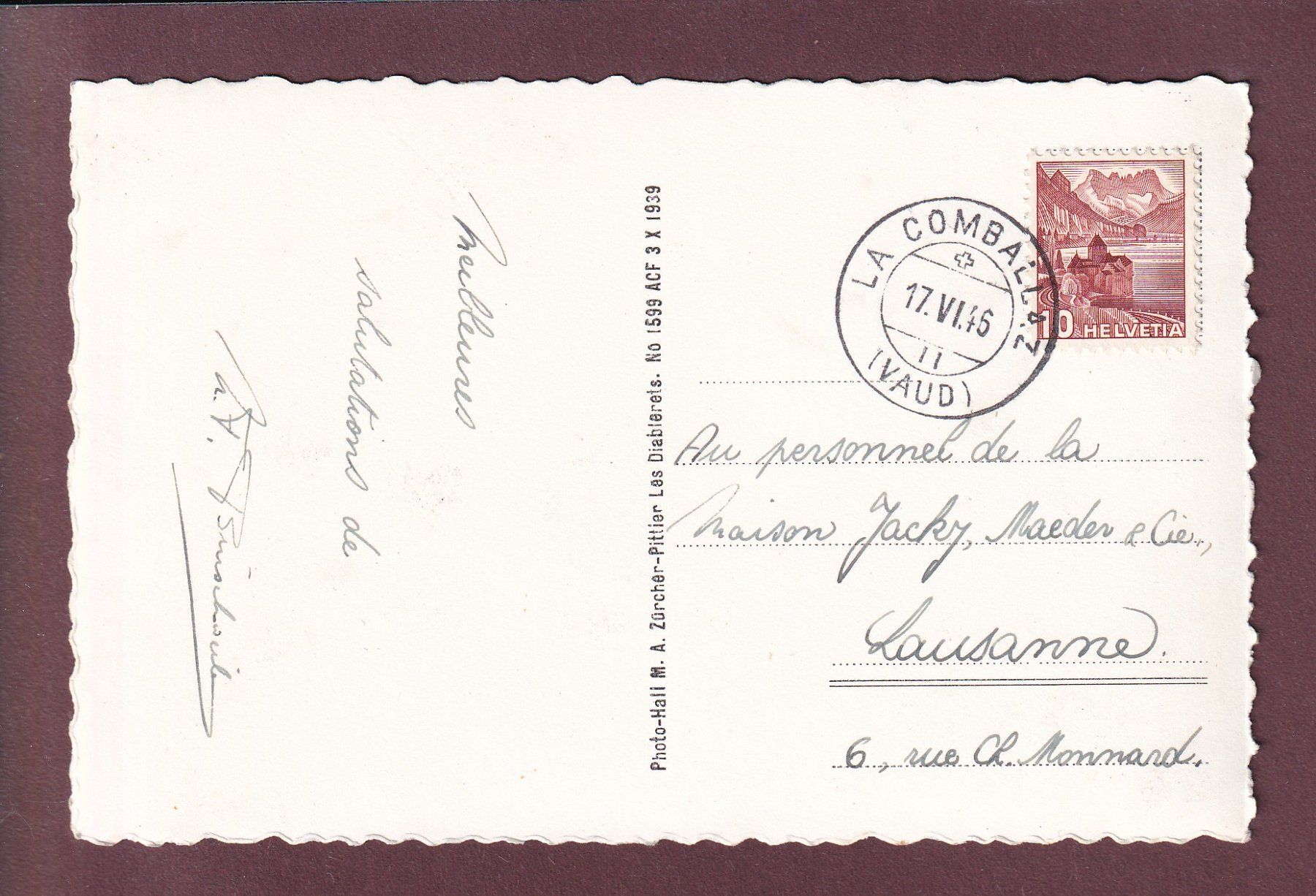 Cartoline postali: LA COMBALLAZ - Tours d'AÏ - 1945 – Usato da Pully venduto da nicecards 1