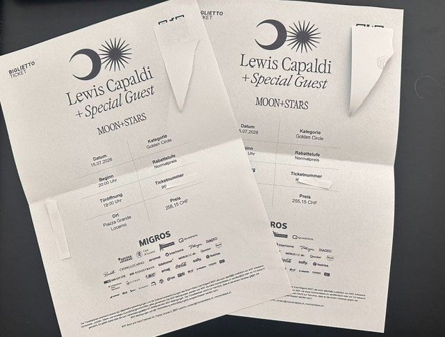Billets: 2 x Golden Circle E-Tickets Capaldi 15. Juli Locarno – Neuf (Voir description) à Erlenbach ZH par Masuwi