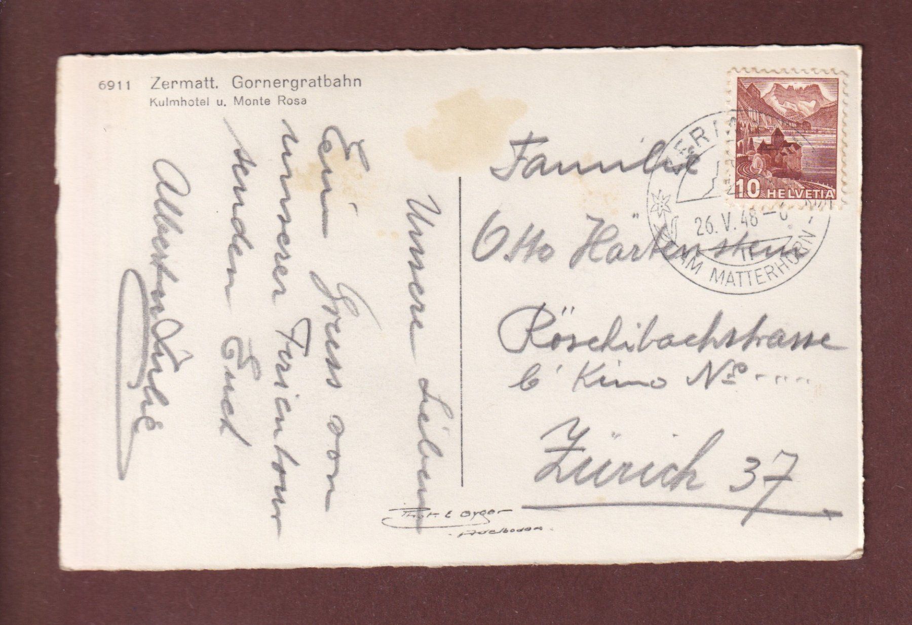 Cartoline postali: GORNERGRAT - Bahn - Monte Rosa - 1948 – Usato da Pully venduto da nicecards-shop 1