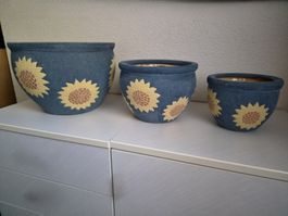 3 Blumentöpfe Übertöpfe Keramik blau mit Sonnenblumen Motiv