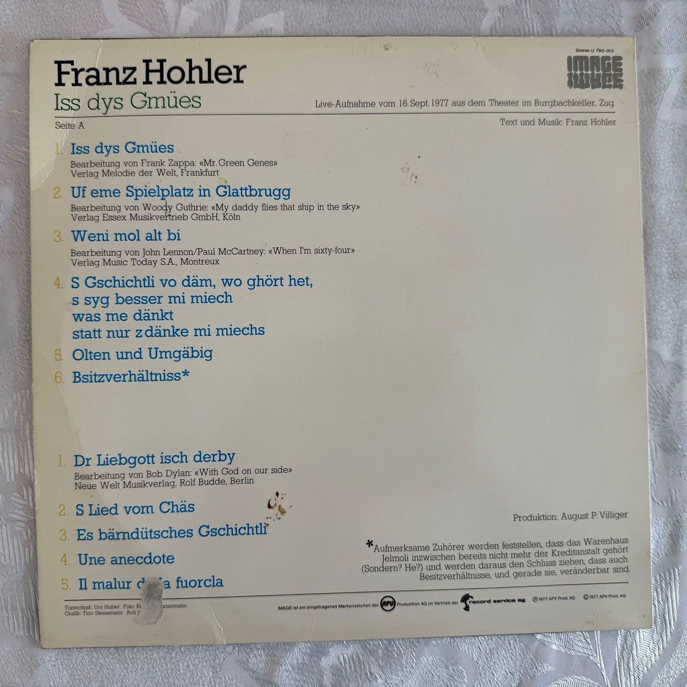 Dischi in vinile: FRANZ HOHLER - ISS DYS GMÜES – Usato da Zürich venduto da fehlton 1
