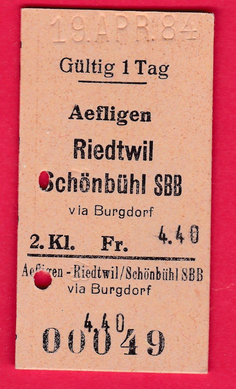 Biglietti: KARTON BILLETT, AEFLIGEN - SCHÖNBÜHL SBB, 2.KLASSE, EINFACH – Usato da Oberrieden venduto da Gebirgsstelze