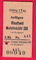 KARTON BILLETT, AEFLIGEN - SCHÖNBÜHL SBB, 2.KLASSE, EINFACH