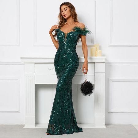 Evening Dress Green Sequin Feather Off-Shoulder New