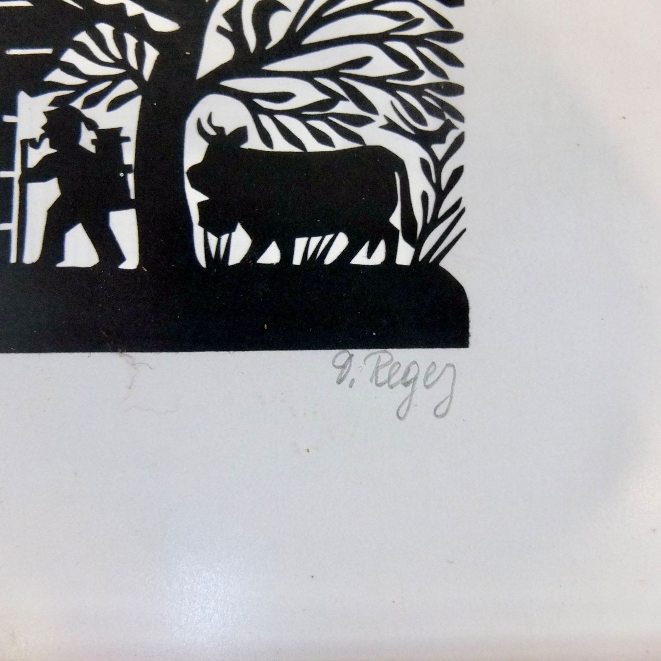 Grafica & Litografie: David Regez, Scherenschnitt, Alphütte mit Käsekessi – Usato da Basel venduto da Brocki-auf-dem-Wolf 5