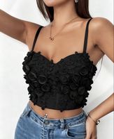 Haut noir avec fleurs et perles - taille M